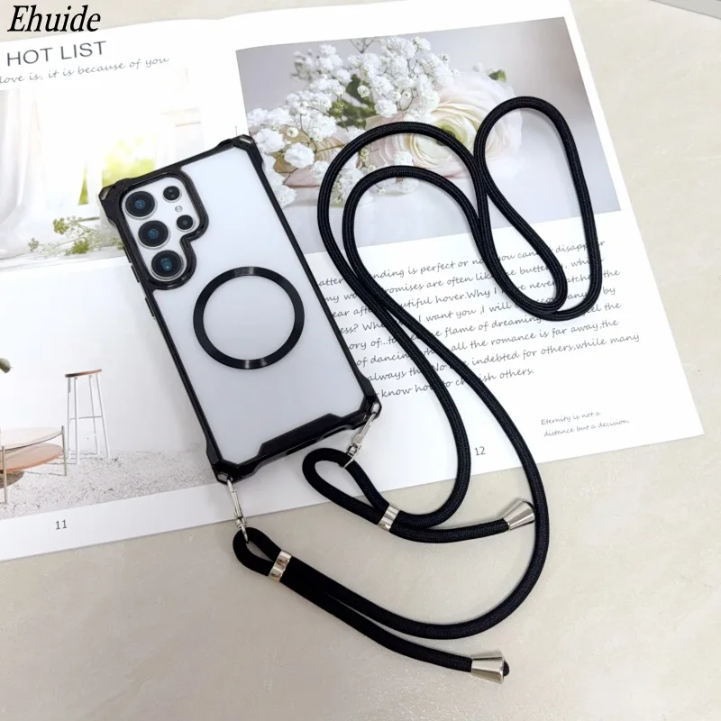 Magnetische S25 Ultra Hülle für Samsung Galaxy S24 FE S22 S23 Plus S22 Magsafe stoßfeste viereckige Crossbody-Gurt-Lanyard-Abdeckung