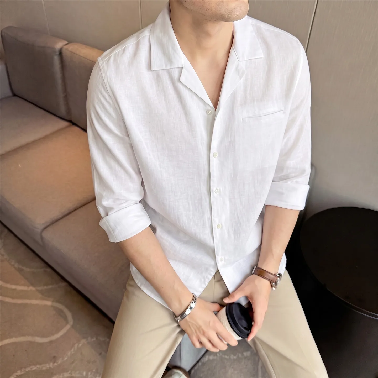 100% Linen Cuban Collar Long Sleeve Shirt - Breathable, Skin - Friendly & Fade - Resistant Casual Top for Men