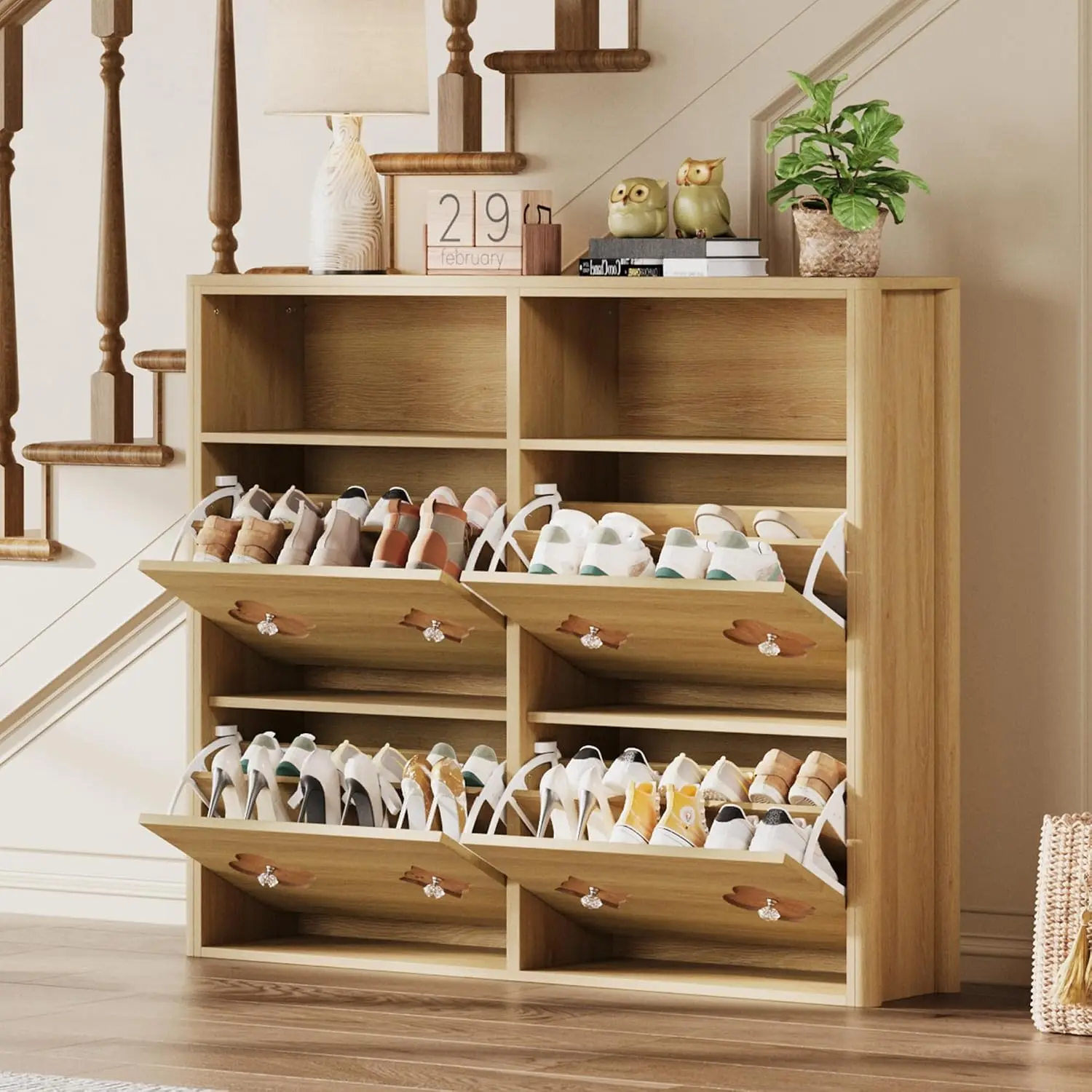 Retro Wooden Shoe Cabinet 4 Flip Drawers Freestanding Organizer Narrow Entryway 47.2