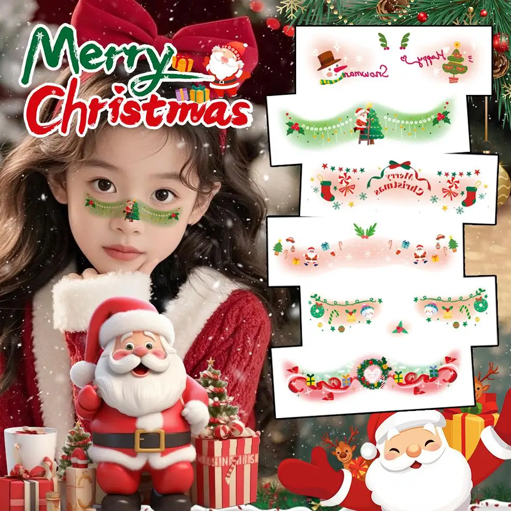 Autocollants de visage de noël, cloches, nœud, cœurs, étoiles, rubans, tatouage de fête, accessoires de taches de rousseur, autocollants temporaires imperméables, maquillage A5S5