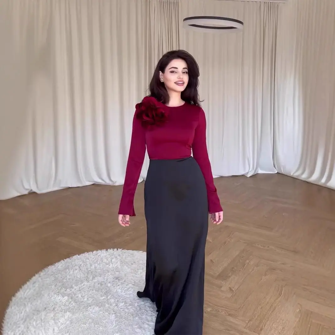 Outono 2024 longo cetim retalhos cor blo flor acoria dr ele midi v ne ort sve fibra de poliéster dr