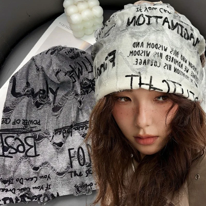 

2 Colors Street Style Thin Cotton Letter Beanies High Elastic Cold Hat Hip Pop Head Caps Y2K Skull Cap for Men Women Daily Wear