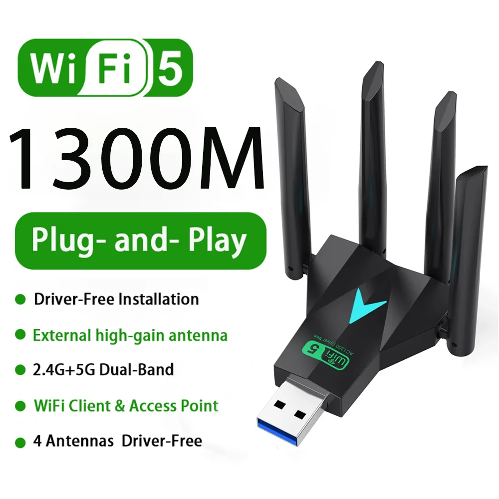

USB-адаптер Wi-Fi5, двухдиапазонный 2,4G + 5 ГГц, 1300 Мбит/с, ключ USB3.0, высокоскоростной 4-антенный беспроводной приемник карт для ПК/ноутбука Win