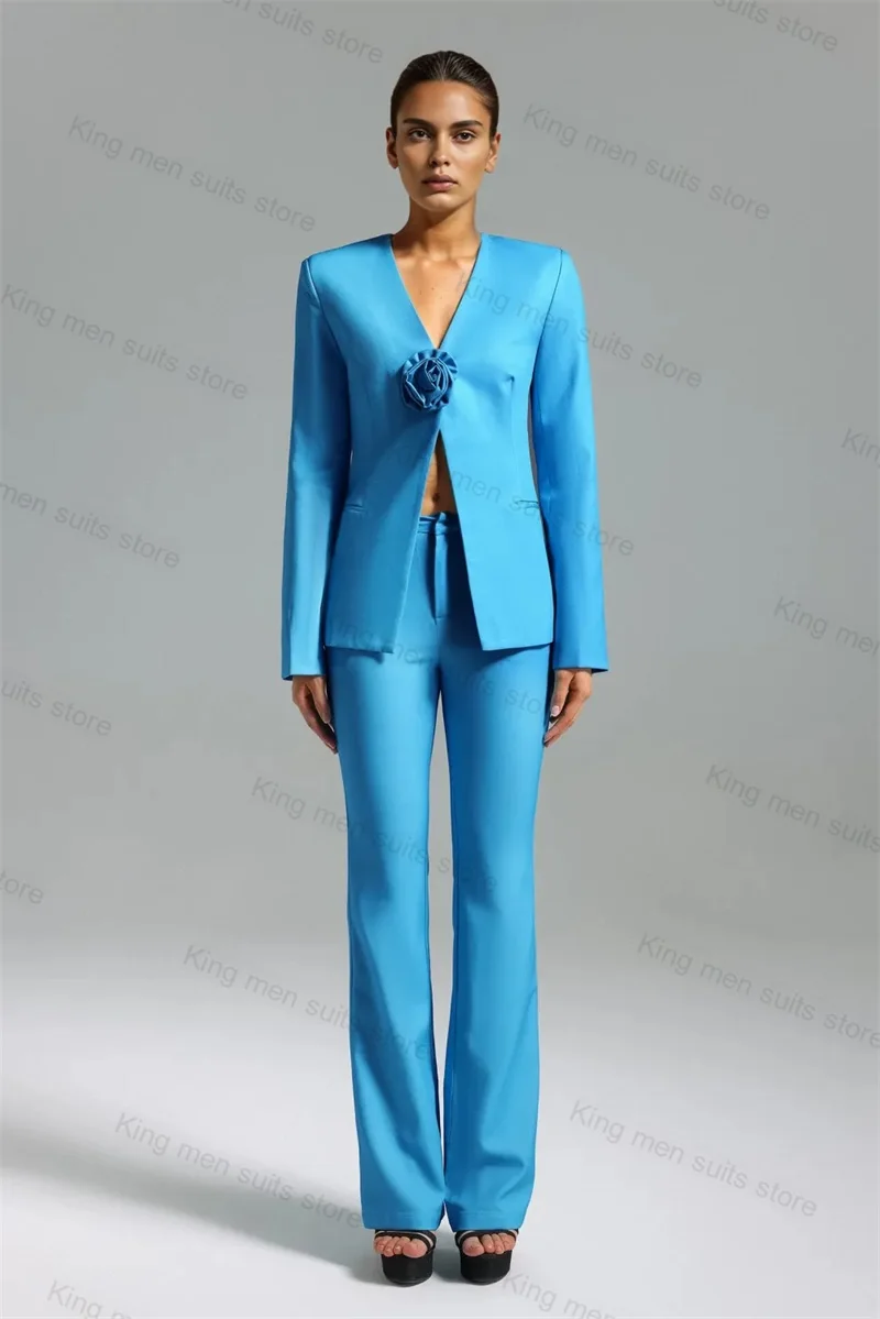 Blue Wedding Women Suit Set 2 Piece Blazer+Pants Custom Made 3D Flower Formal Office Lady Wedding Tuxedos Prom Jacket Trousers