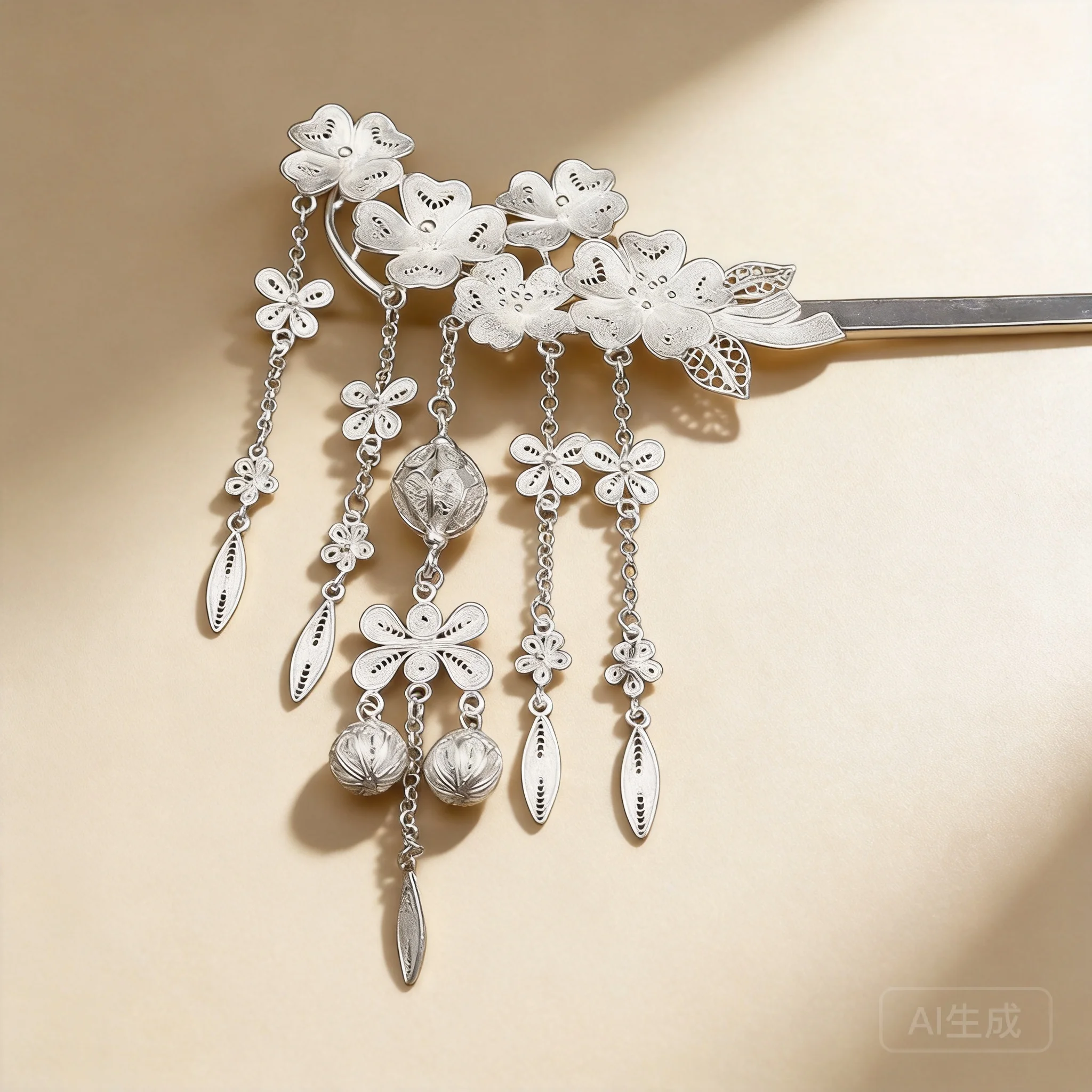 Chinese Traditional Auspicious Filigree Silver Plated Four Leaf Clover Tassel Hair Stick Vintage Hanfu Bridal Wedding Hairpin
