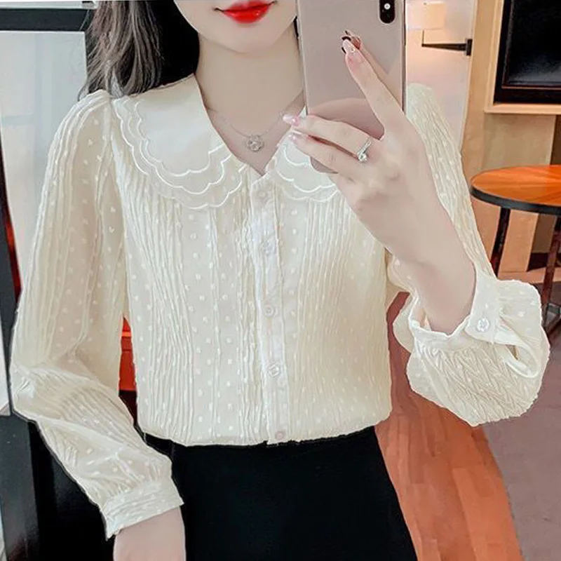 Sweet Peter Pan Collar Spliced Loose Ruffles Shirt Female Clothing 2023 Autumn New Casual Tops Solid Color Office Lady Blouse