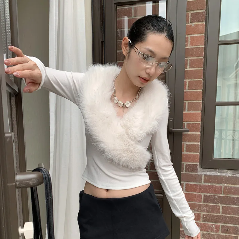 

Женская мягкая футболка с воротником, осень-зима, облегающий индивидуальный v-образный вырез, черный, белый цвет, элегантный однотонный топ с длинными рукавами Demeanor