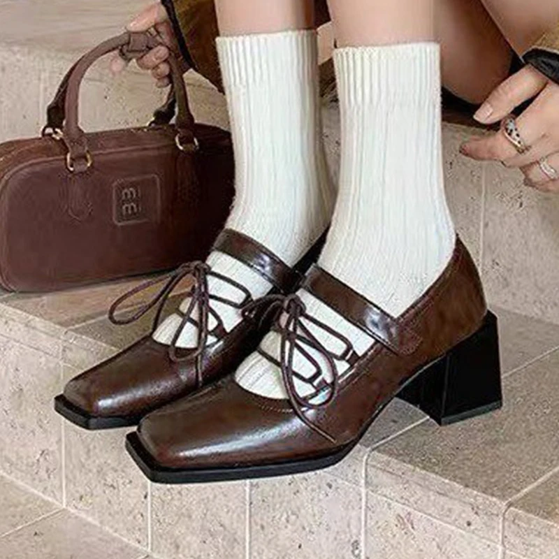 

Дизайнерские женские туфли Мэри Джейн с квадратным носком на высоком каблуке, весна 2026, новые кожаные офисные туфли на шнуровке, массивные туфли-лодочки, Zapatos