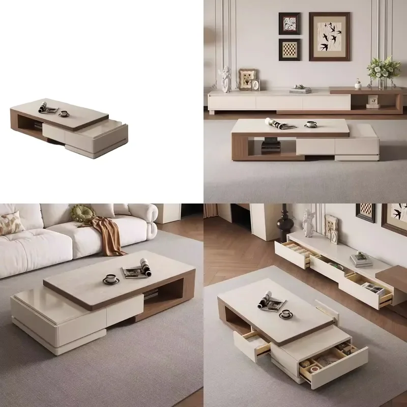 Medieval Cream Slate Retractable Coffee Table and TV Cabinet Combo Walnut Floor Storage Unit for Living Room Home Furniture