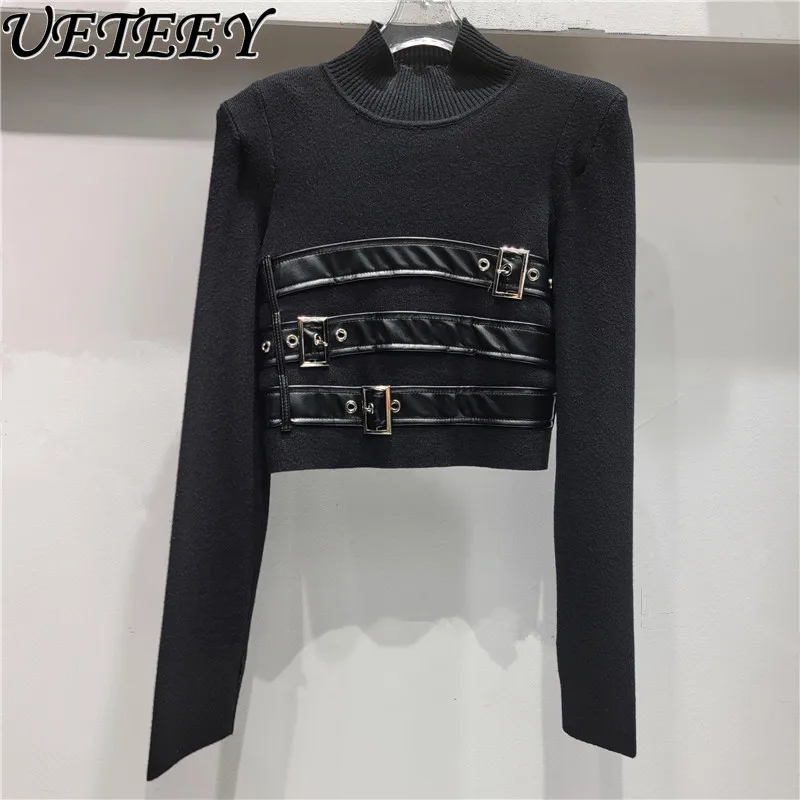 Splicing Long-sleeved Women's Knitted Sweater Autumn and Winter Korean Version High Waist Short Turtleneck Pullover Jumper