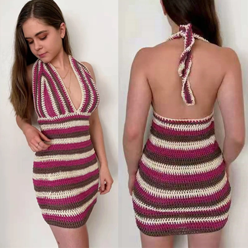 المرأة الرسن مخطط متماسكة Bodycon فستان عارية الذراعين العميق الخامس الصيف الكروشيه ملابس السباحة بيكيني للشاطئ التستر تونك الإناث ملابس السباحة