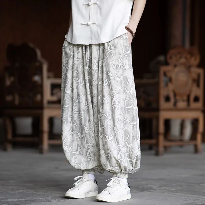 New Chinese Style Summer Thin Pants Men Ankle Lenght Pants Man Bamboo Pattern Bottoms Male Breathable Lightweight Casual Pants