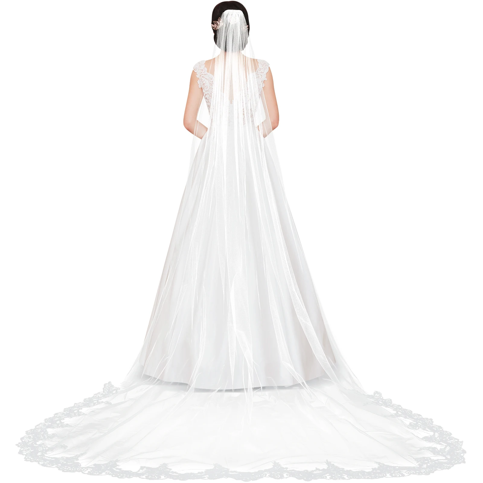 

Single Layer Floor Length Lace Edge Embroidery Bridal Long Veil With Comb Cathedral Tulle Mesh For Bride Wedding Party