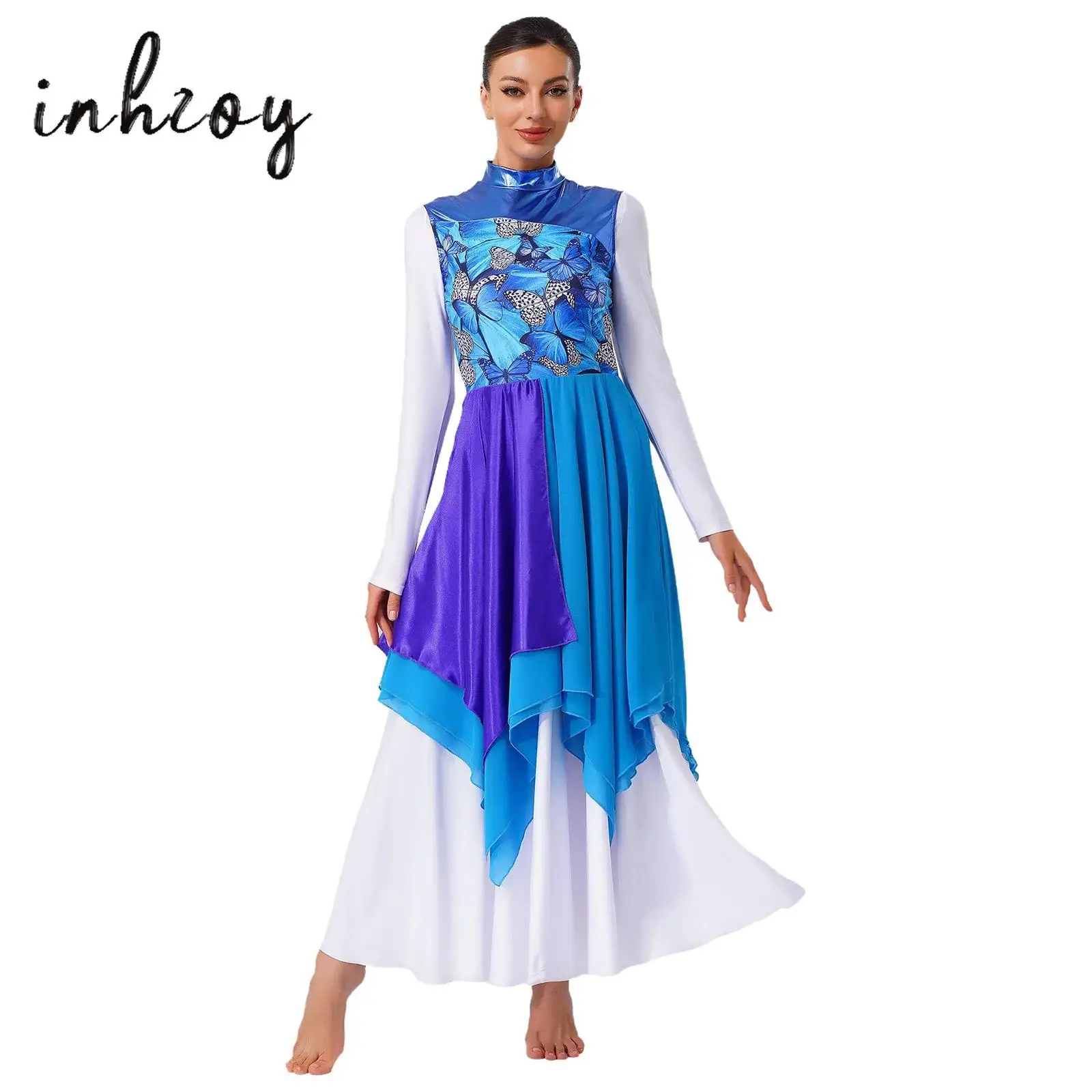 

Women Worship liturgical Praise Dance Dress Sleeveless Print Patchwork Color Block Irregular Chiffon Hem Dress Lyrical Dancewear