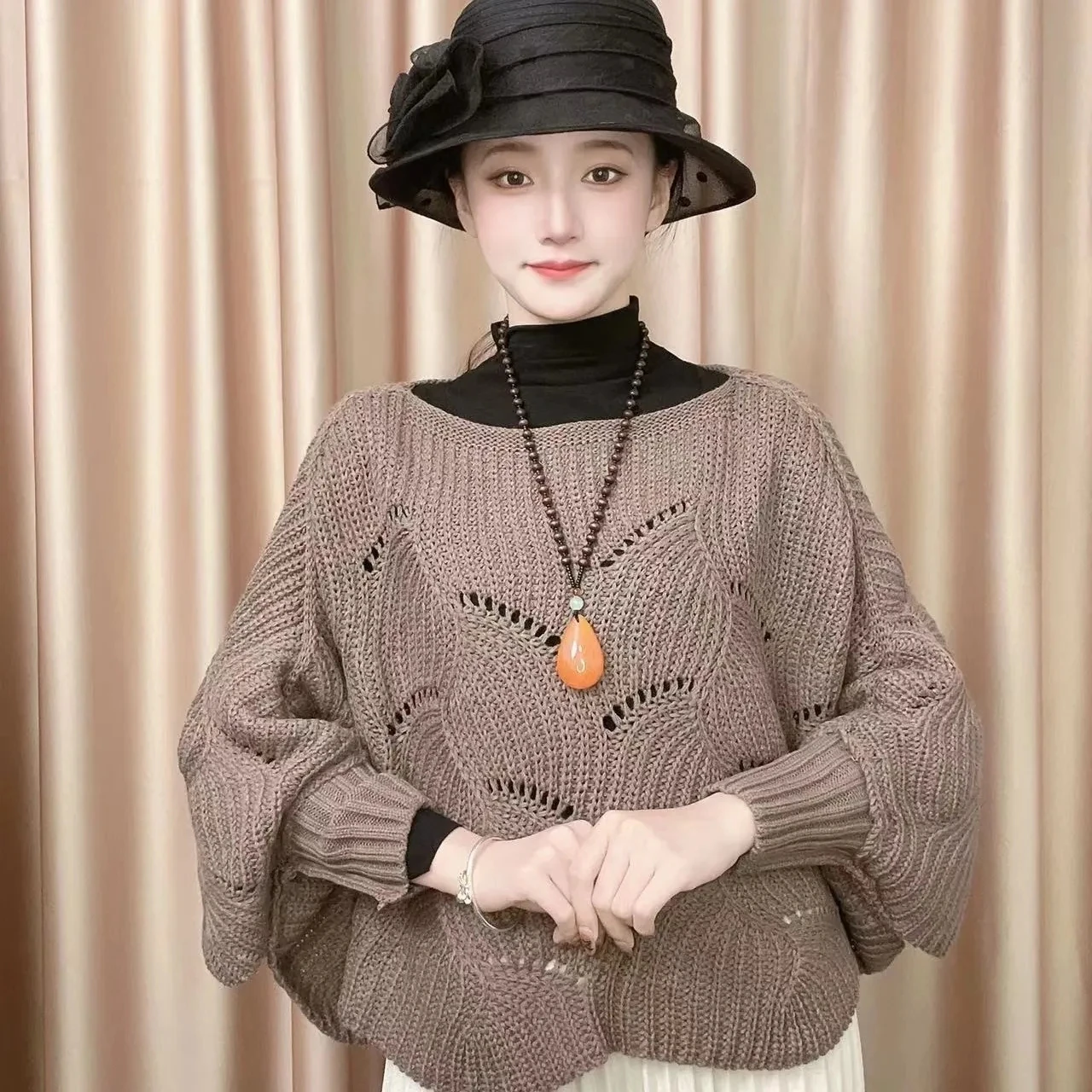

New European Batwing Sleeves Slash Neck Knitted Hollow Sweater Women Autumn Winter Elegant Long Sleeve Shawl Knitted Pullovers