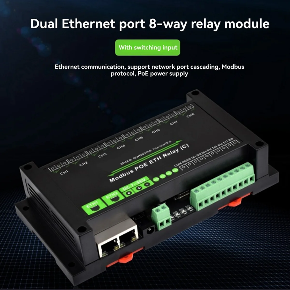 

CLCU 8-Channel Relay Module Dual Ethernet Port Modbus RTU Protocol Supply PoE Support Network Port Cascade Communication