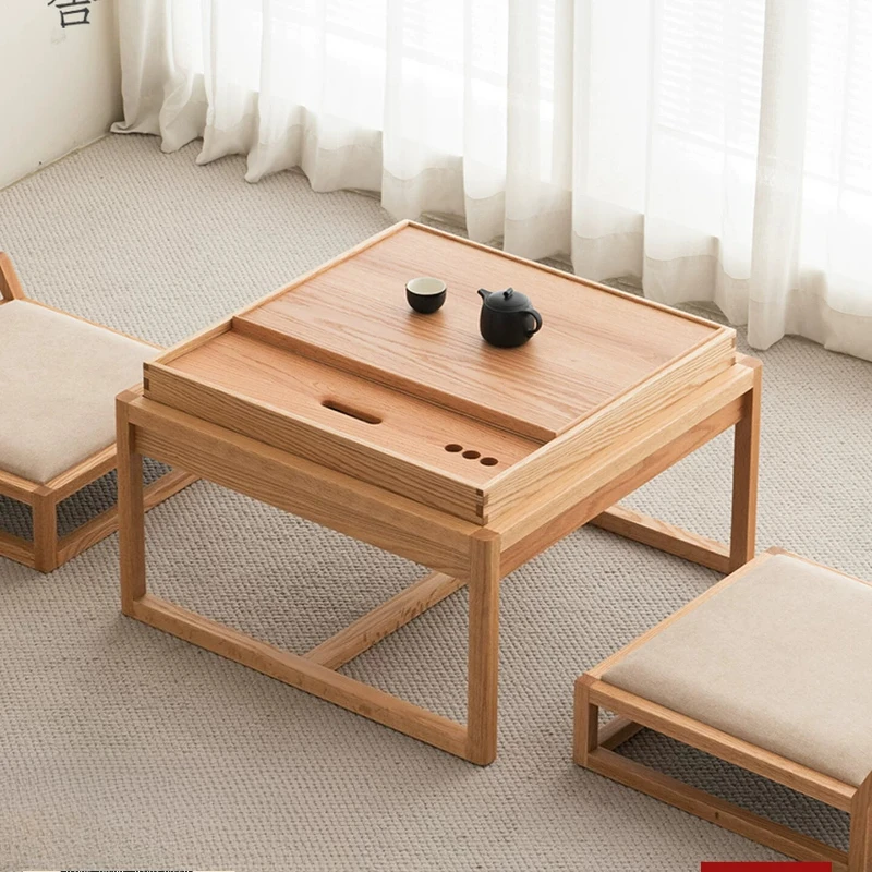 Cx log push-pull storage tea table Zen bay window platform small solid wood low tea table