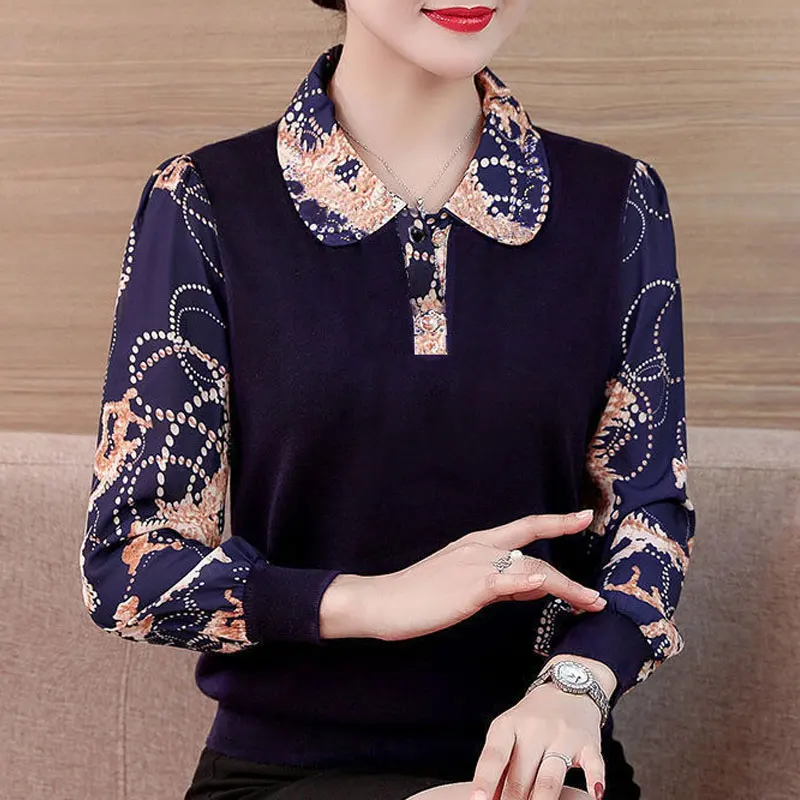 

Office Lady Fashion Printed Patchwork Shirt Casual Peter Pan Collar Button Women's Clothing Spring Autumn Long Sleeve Blouse New