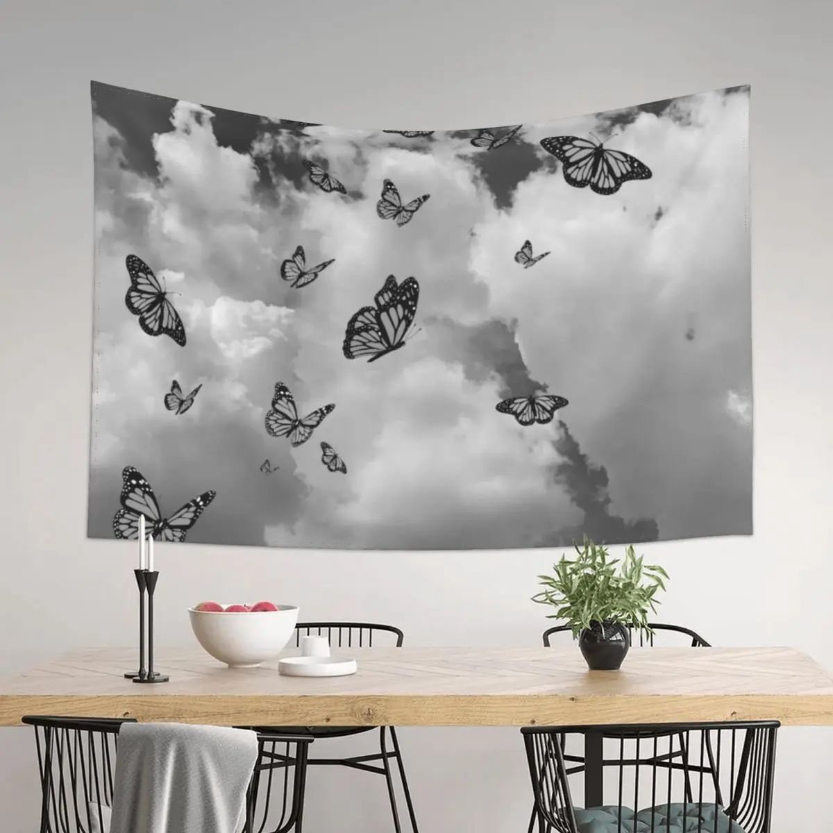 

Monarch butterflies flying in the sky (Black and white) - Photography and illustration Tapestry Wall Carpet Wall Art Tapestry