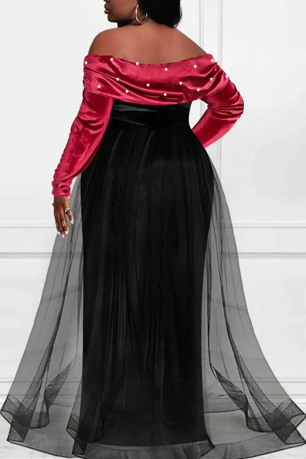 Elegant Plus Size Formal Dress Off The Shoulder Pearl-Embellished Overlay Skirt Velvet Split Maxi Dress Cocktail Party Dresses