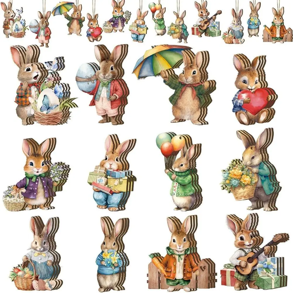 12/24/36Pcs 2D Rabbit Hanging Ornament Wooden Easy to Hang Easter Rabbit Pendant Ręcznie robiony królik Rekwizyty Wiszący wisiorek