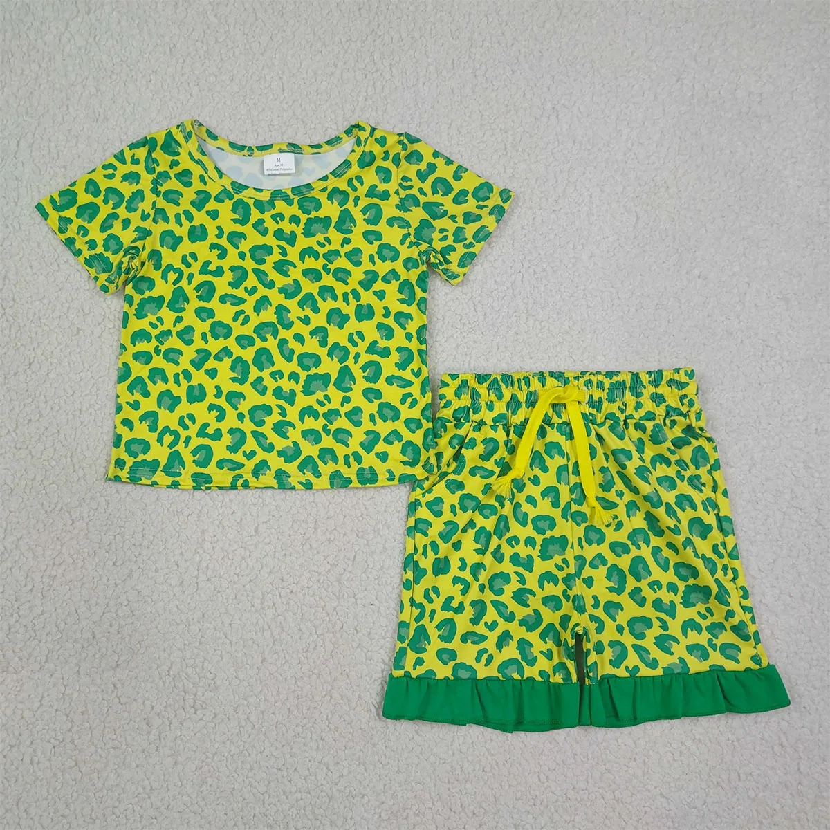Baby Girl Clothes Kids Boutique Summer Sets Light Green Leopard Top Pockets Ruffle Shorts Toddler Children Clothing Wholesale