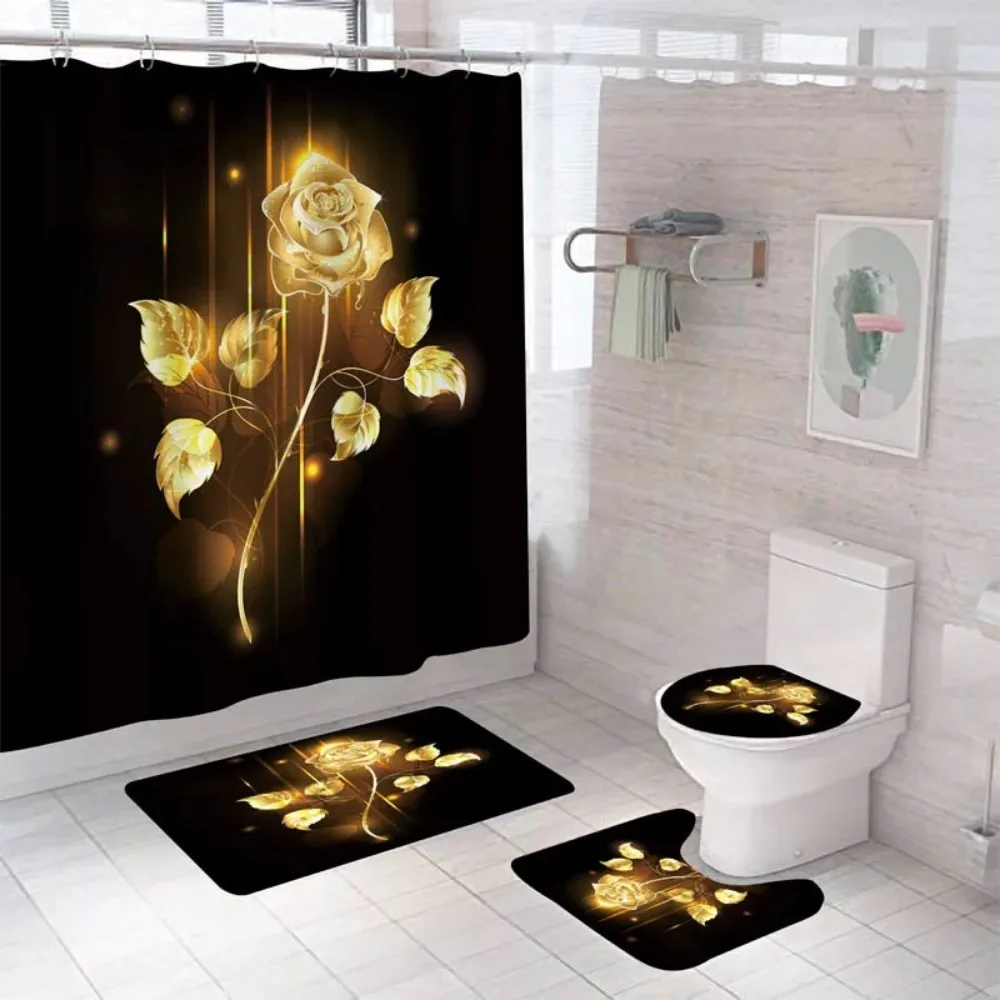 3D Rose Flower Shower Curtain Set Non-Slip Rugs Bath Mat Toilet Lid Cover and 12 Hooks Waterproof Polyester Bathroom Decor