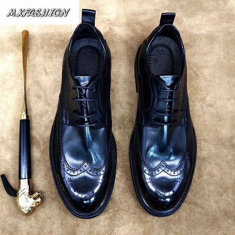 Men's Carved Business Formal Genuine Leather Shoes Round Toe Lace Up Height Increasing Footwear