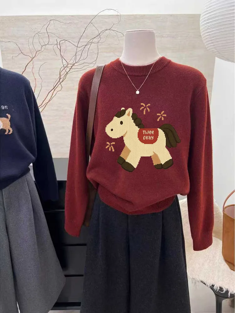 

Ladies Thiened Warm Knitted Sweater Loose Fit New Year 2026 Year Red Celebration Lazy Sle Autumn Winter Top