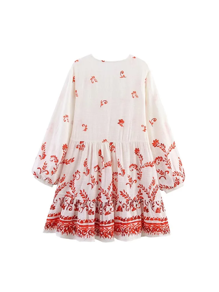 2025 Women Summer Mini Dress Vintage Print Loose V-Neck Tassel Long Sleeve Female Elegant Street Dresses Clothing