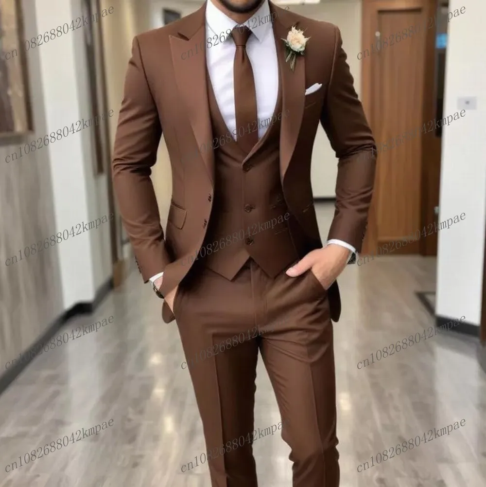 

Brown Formal Occasion Business Men Suit Groom Groomsman Wedding Party Prom Male Tuxedos 3 Piece Set Blazer Vest Pants