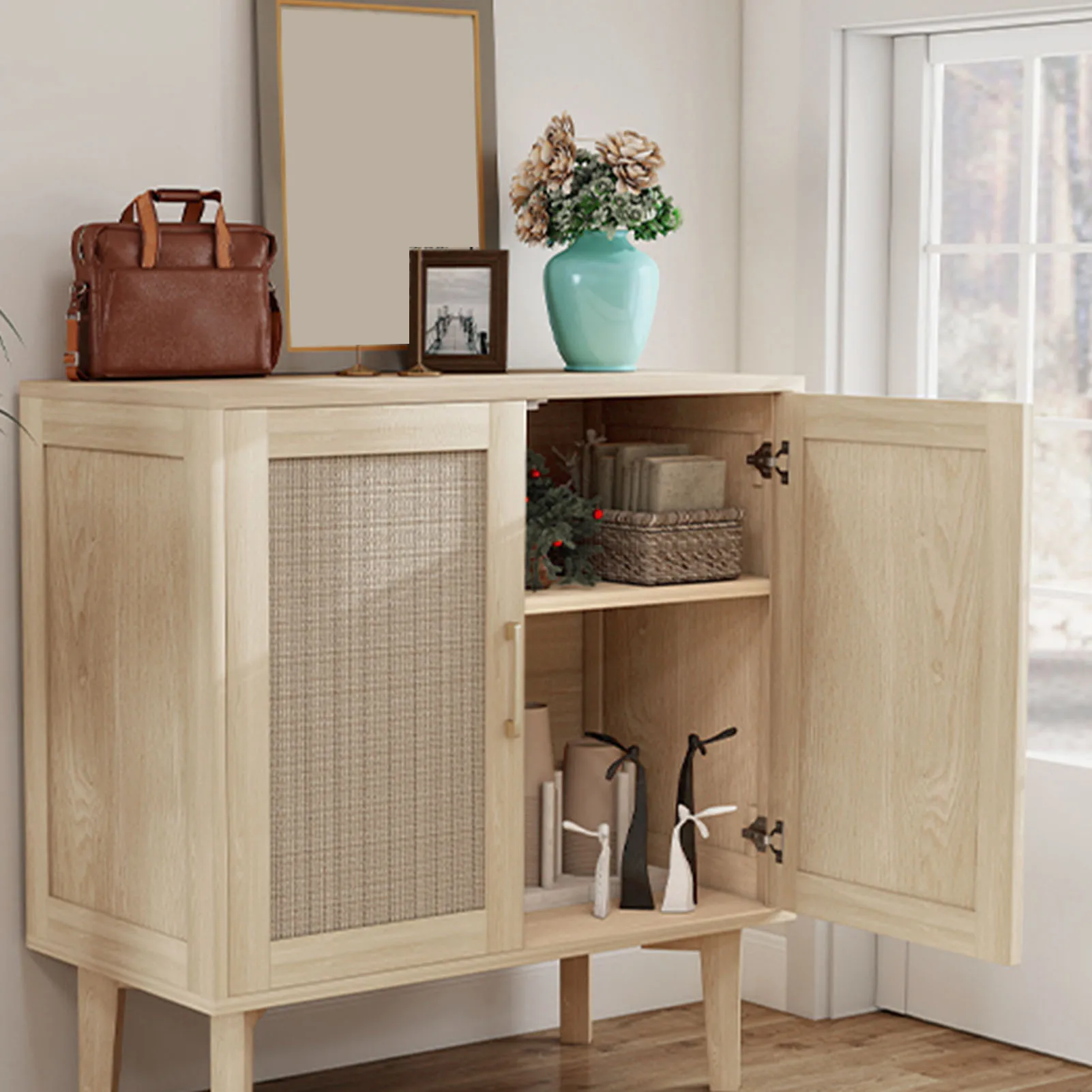 

Accent Cabinet Buffet Cabinet with Rattan Decor Doors Wood Feet Multifunctional Sideboard Cabinet for Dining Room Kitchen