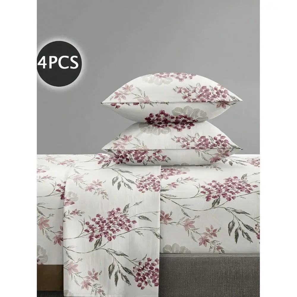 

Комплект постельного белья с растительным узором: простыня на резинке, 1 простыня, 1 пододеяльник, 2 наволочки, из микрофибры, мягкий, простой в уходе