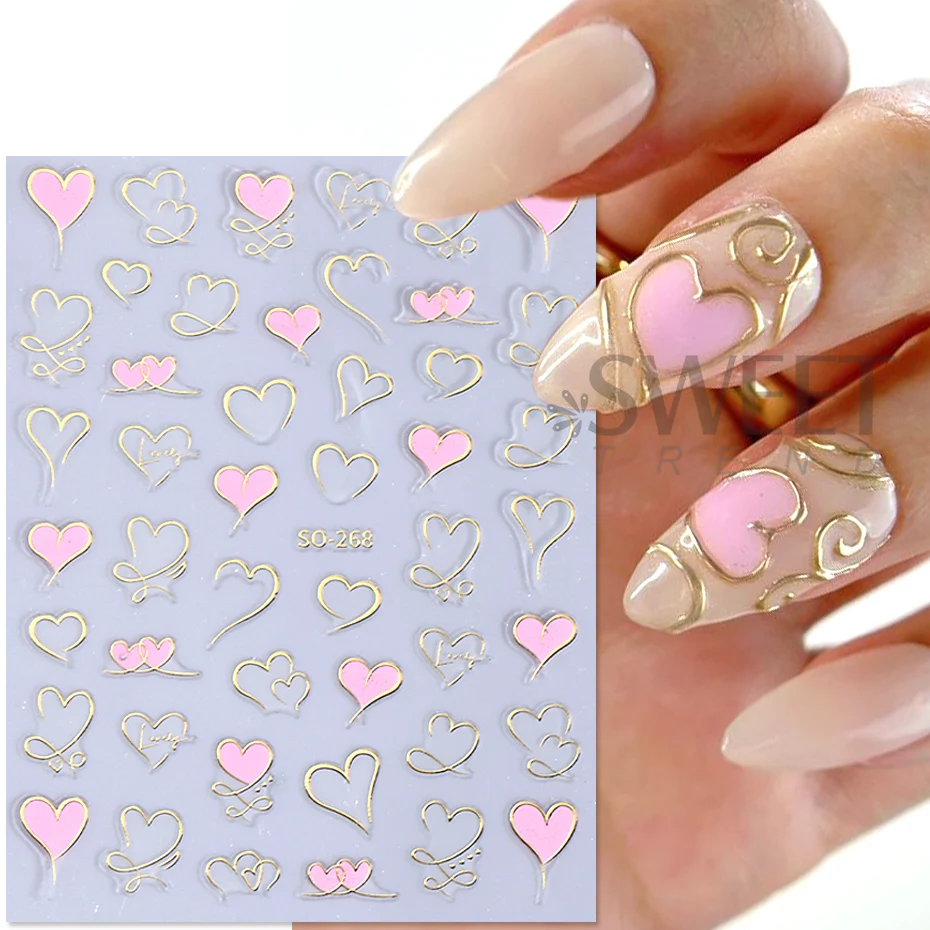 Metallic Heart Nail Art Stickers 3D Gold Pink Red Purple Hollow Love Heart DIY Valentines Y2K Style Bronzing Manicure Decoration