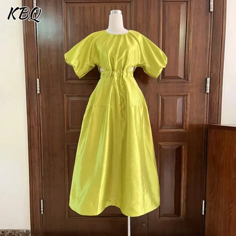 

KBQ Solid Hollow Out Temperament A Line Dresses For Women Round Neck Short Sleeve Tunic Folds Elegant Long Dress Female Fashion