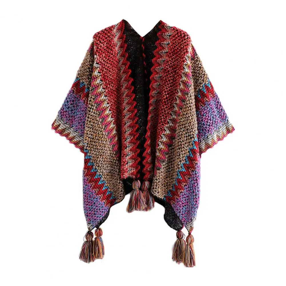 

Winter Capes Cardigan Striped V Neck Contrast Colors Ethnic Style Knitting Bohemian Tassel пальто женское