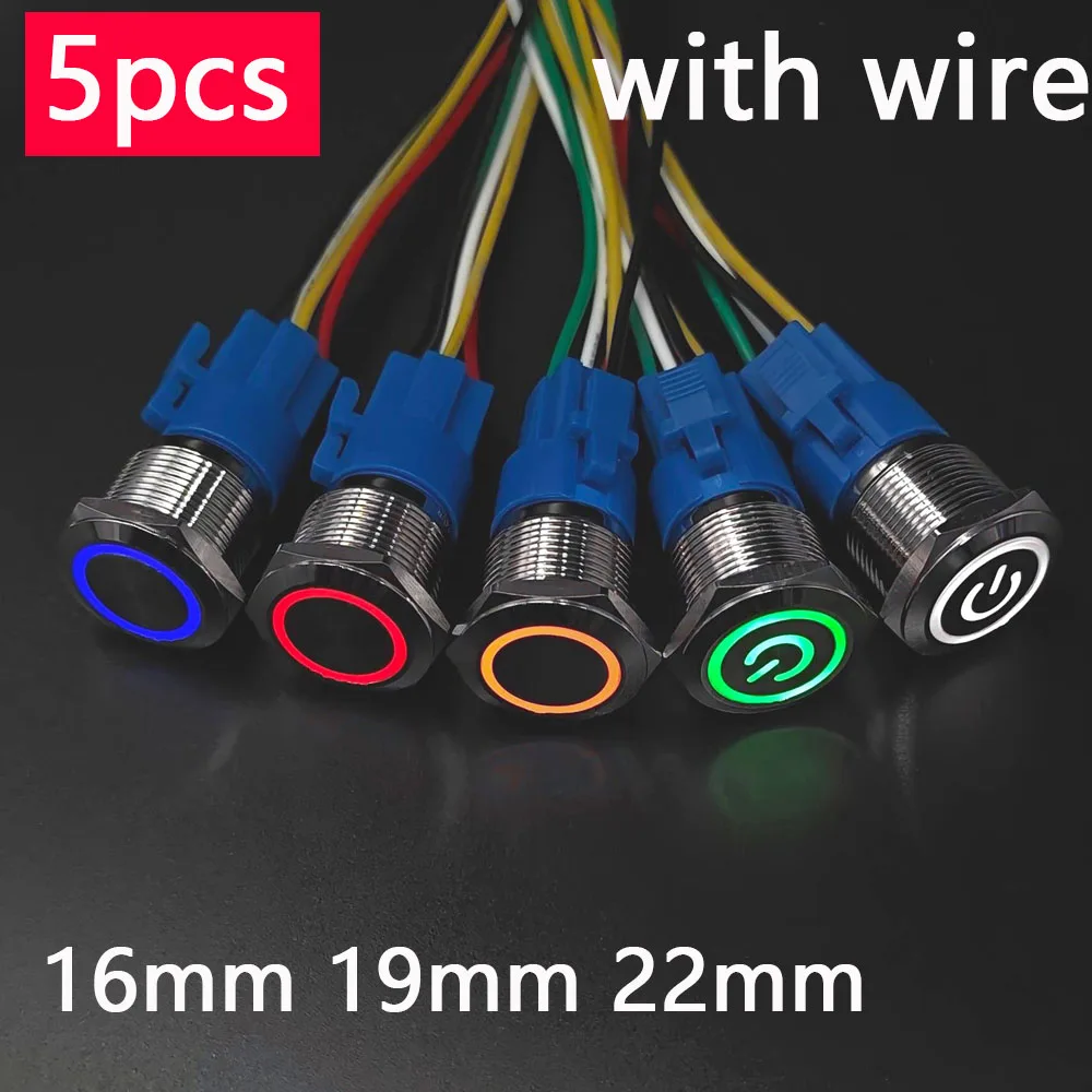 5pcs 16mm 19mm 22mm LED Light Waterproof Metal Push Button Switch Momentary Latching  Car Engine PC Power 3V 5V 12V 24V Red Blue