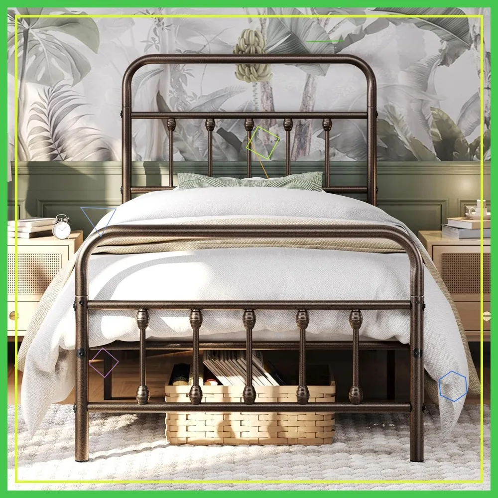 إطار سرير بمنصة معدنية على الطراز الفيكتوري مع لوح رأسي مرتفع، وحدة تخزين تحت السرير، لا حاجة إلى صندوق زنبركي، مقاس مزدوج برونزي