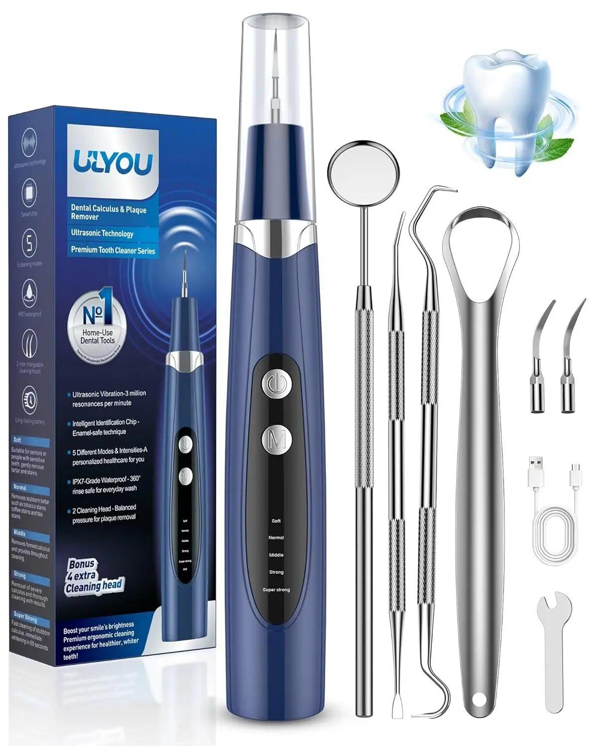 

Ultrasonic Teeth Cleaner with LED Light, 5 Modes & Replaceable Heads - Rechargeable Plaque Remover for Home Use