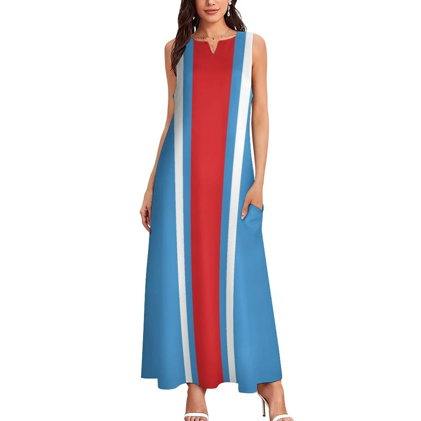 Powder Blue, White, & Red Vertical Power Stripe Long Dress women dress dresses ladies 2025 summer dress dresses