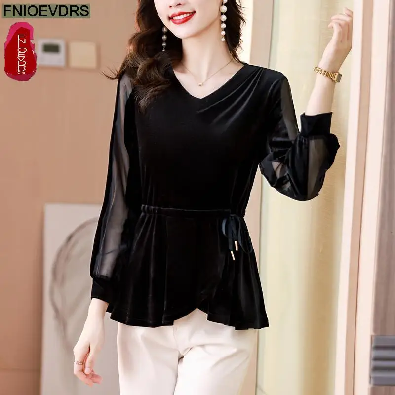 M-5XL Ruffles Bow Tunic Tops 2023 Women Long Sleeve Elegant Office Lady Belly Design Bling Button Warm Velvet Peplum Top Blouses