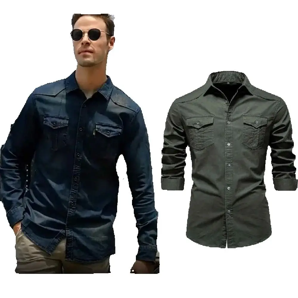 

Мужская джинсовая рубашка, однобортный дизайн, приталенная джинсовая рубашка с несколькими карманами и длинными рукавами