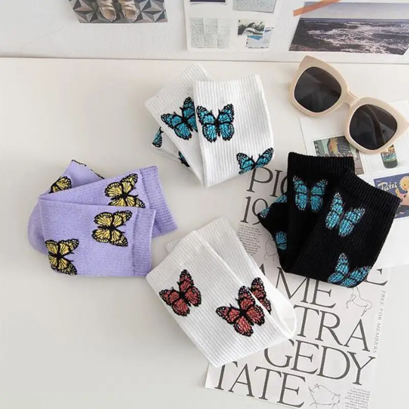 

1 Pair Long Sock Women Autumn Mid Tube Butterfly Embroidery Sports Socks Cute Women's Socks Kawaii Sock