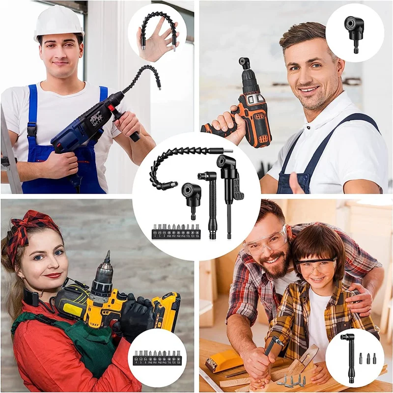 New 14 Pcs Flexible Drill Bit Extension Set 1/4 Inch Hex Bendable Drill Bit Extension 105 Right Angle Drill 90 Right Angle