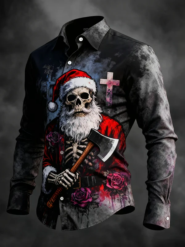 Gothic Christmas Skull Print Men's Long-Sleeve Shirt with Santa Claus Skull Print - Casual Fit for Christmas Celebrations