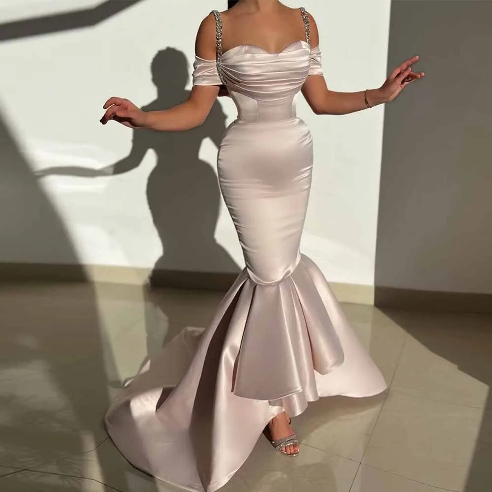 

Glitz and Glam Birthday Party Dresses Satin Mermaid/Trumpet Valentine's Day Dress Lilac Off-the-shoulder Crystals Prom Gown Long