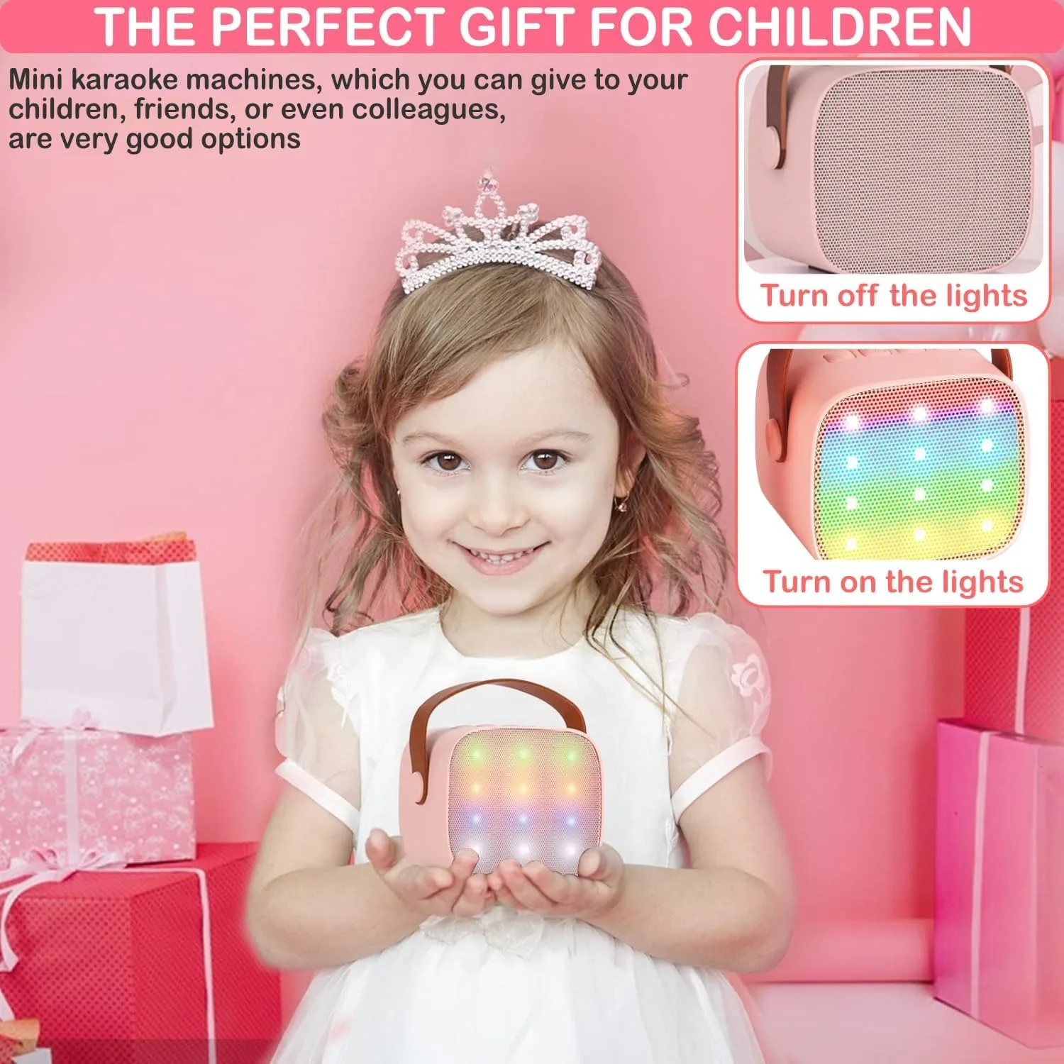 Mini máquina de karaokê, alto-falante bluetooth com 2 microfones sem fio, luzes led, presentes de natal e aniversário para meninas, meninos e adultos