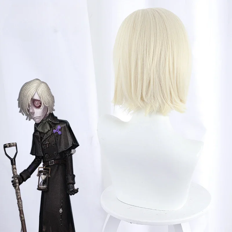 Grave Keeper Cosplay peluca juego Identity V Andrew Kreiss Cosplay Grave Keeper peluca 35cm oro blanco peluca corta de Cosplay