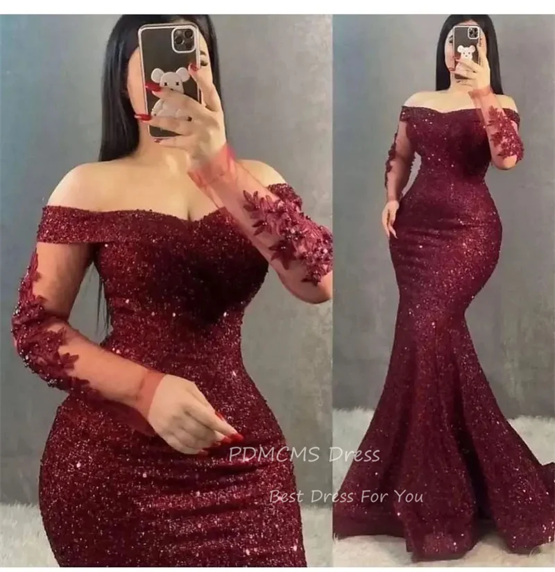 Sexy Sequin Mermaid Evening Dresses Customized Prom Dress Long Sleeves Women Plus Party Gowns Shiny Floor Length Robes De Soirée