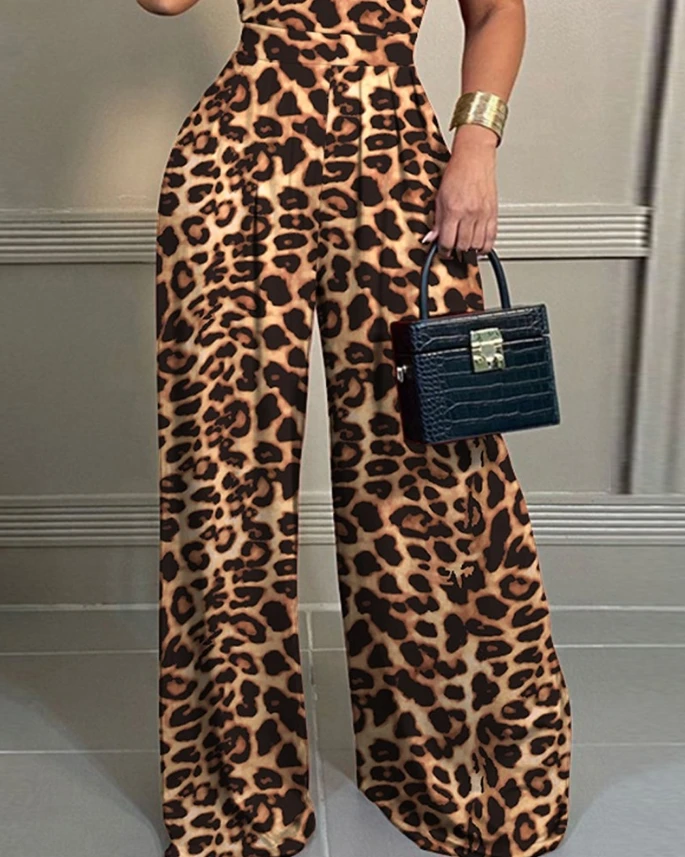 Jumpsuit longgar motif macan tutul wanita, celana jumpsuit kaki lebar pinggang tinggi musim panas 2024